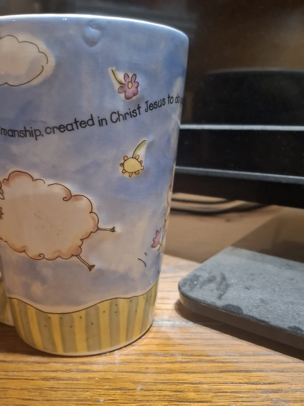 Whimsical Sheep Ceramic Mug in Light Blue and Cream With Scripture